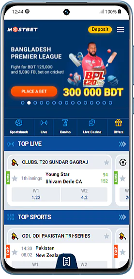 Screenshot of the Mostbet app home page