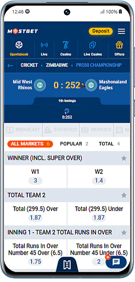 Screenshot of the Mostbet app betting section