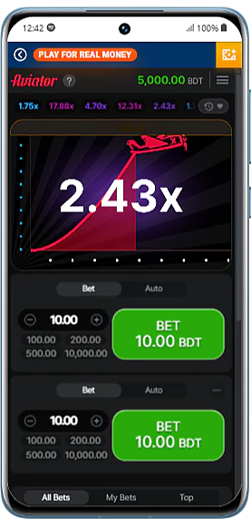 Screenshot of the Mostbet app Aviator game